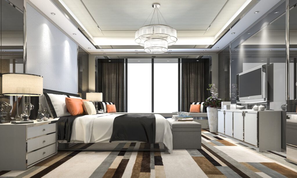 Rendering modernes luxuriöses Schlafzimmer Suite im Hotel mit Dekor